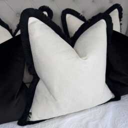 Blean Ivory Textured Cushion Cover With Black Fringe Ashley Wilde Fabric Double-Sided Luxury Handmade UK Monochrome Accent Pillow Case - thumbnail 3
