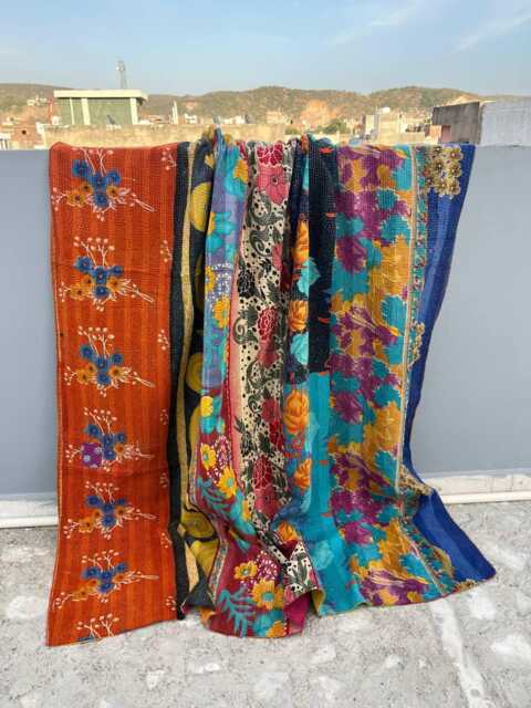 Handmade Block Print Patchwork Reversible Cotton Kantha Quilt Vintage Bedding - image 1