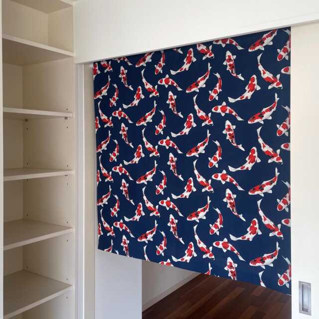 Navy Blue Japanese Carps Noren Curtain, Order Made Noren, Restaurant Caf?? Short Red 2 Panel Kitchen - image 1