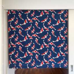 Navy Blue Japanese Carps Noren Curtain, Order Made Noren, Restaurant Caf?? Short Red 2 Panel Kitchen - thumbnail 3