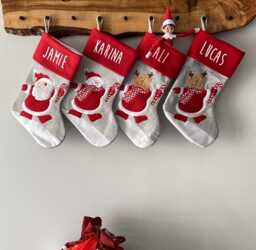 Beautiful Christmas Stockings. High Quality Santa, Mrs Claus, Rudolph & Snowman With Custom Names in Plain, Metallic Or Glitter Printing