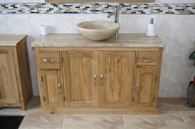 Oak Bathroom Single Vanity Unit 123cm Wide With Travertine Top & Basin Set 402Tt25Tx1 - image 1
