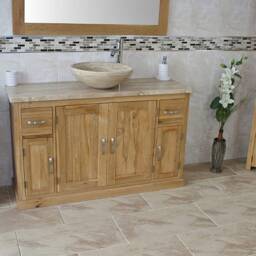 Oak Bathroom Single Vanity Unit 123cm Wide With Travertine Top & Basin Set 402Tt25Tx1 - thumbnail 2