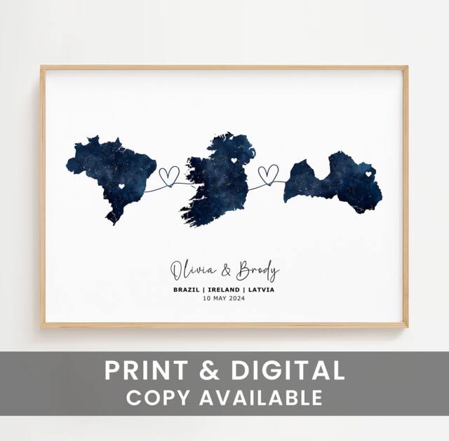 Personalized Three Country Map Print, Custom Travel Wall Art, Moving Gift, Fathers Day Family Poster - image 1