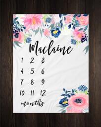 Baby Girl Milestone Blanket Month Growth Tracker Minky Fleece Custom Personalized Shower Gift Watercolor Floral Newborn - thumbnail 1