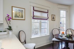Custom Flat Roman Shade With Plum Border & Valance