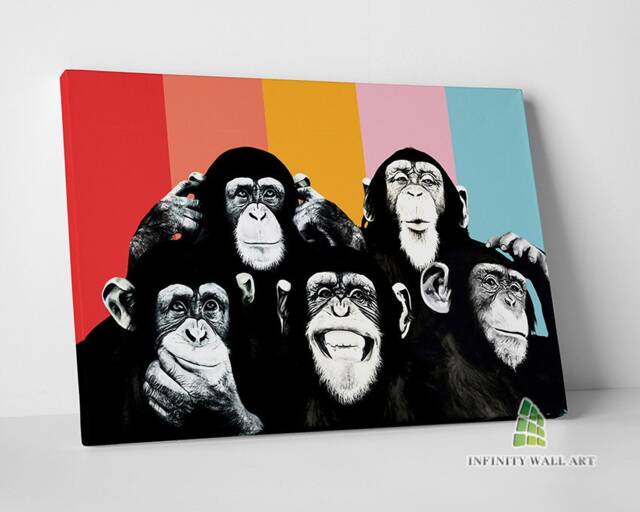 5 Funny Monkeys Chimps Canvas Art Wall Animals Colourful Print Picture Photo Decor -D535 - image 1