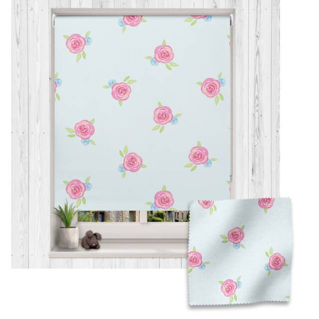 Roses On Blue Roller Blind, Children's Made To Measure, Flower Blind - image 1