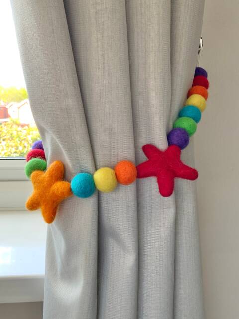 Rainbow Felt Ball Curtain Tie Back Bright Star Decor - image 1