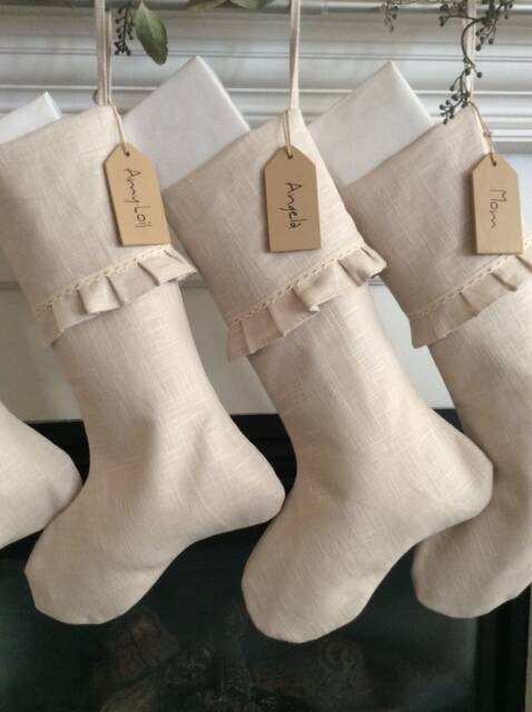 French Country Christmas Stocking, Personalized Farmhouse Socks, Linen Stocking, Minimalist Holiday Ruffled Socks - image 1