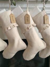 French Country Christmas Stocking, Personalized Farmhouse Socks, Linen Stocking, Minimalist Holiday Ruffled Socks - thumbnail 1
