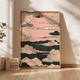 Pink Japanese Cloud Poster, Vintage Sky Art Print, Retro Wall Decor, Traditional Asian Aesthetic, Elegant Illustration - thumbnail 2