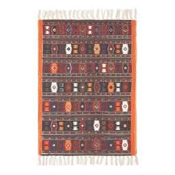 Luxury Handloom Cotton Kilim Rug Terracotta Black Brown, Traditional Indian Block Print - thumbnail 2