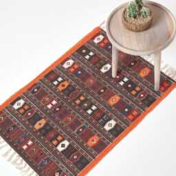Luxury Handloom Cotton Kilim Rug Terracotta Black Brown, Traditional Indian Block Print