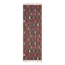 Luxury Handloom Cotton Kilim Rug Terracotta Black Brown, Traditional Indian Block Print - thumbnail 4