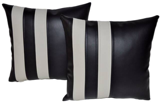 "2 Black & White Twin Stripe Faux Leather Cushions 16"" 18"" 20" - image 1