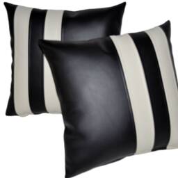 "2 Black & White Twin Stripe Faux Leather Cushions 16"" 18"" 20" - thumbnail 2