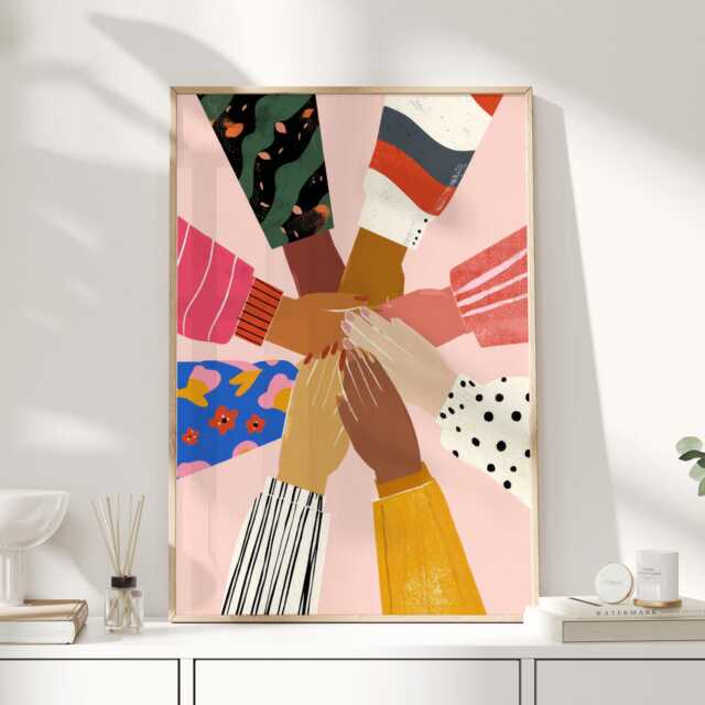 Diversity Art Print, Unity & Equality Poster, Colourful Hands Illustration, Modern Wall For Home Or Office - image 1