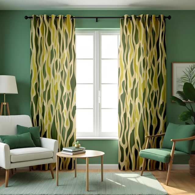 Green Abstract Wave Curtains, Retro Organic Wavy Pattern Drapes, Modern Nature Inspired Window Curtain Panels - image 1