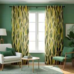 Green Abstract Wave Curtains, Retro Organic Wavy Pattern Drapes, Modern Nature Inspired Window Curtain Panels - thumbnail 1