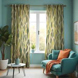 Green Abstract Wave Curtains, Retro Organic Wavy Pattern Drapes, Modern Nature Inspired Window Curtain Panels - thumbnail 2