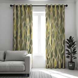 Green Abstract Wave Curtains, Retro Organic Wavy Pattern Drapes, Modern Nature Inspired Window Curtain Panels - thumbnail 3