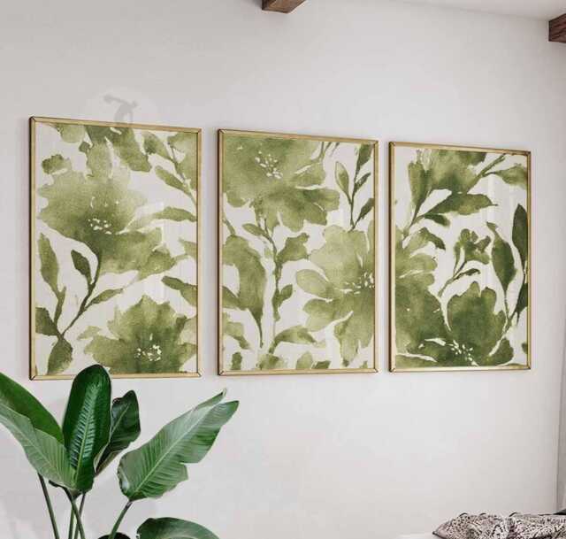 Set Of 3 Botanical Wall Art Prints, Green Watercolor Leaf Posters, Modern Nature Inspired Decor - image 1