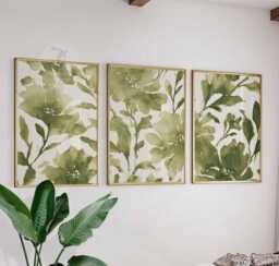 Set Of 3 Botanical Wall Art Prints, Green Watercolor Leaf Posters, Modern Nature Inspired Decor - thumbnail 1