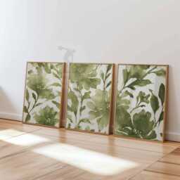Set Of 3 Botanical Wall Art Prints, Green Watercolor Leaf Posters, Modern Nature Inspired Decor - thumbnail 3