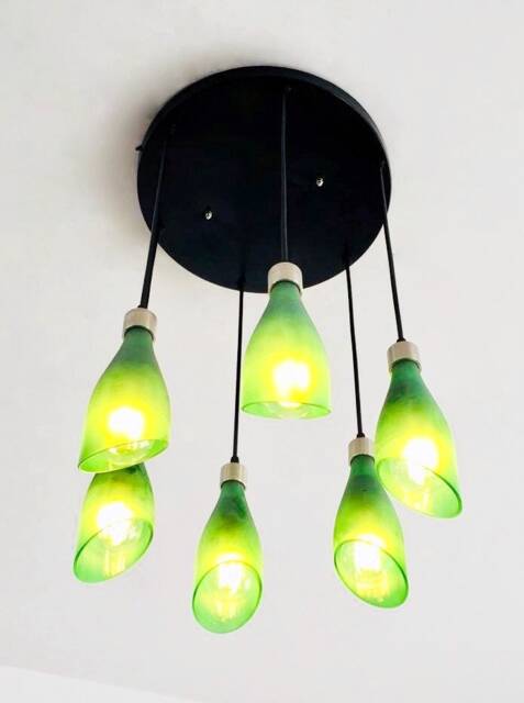 Frosted Wine Bottle Lights Chandelier - Light Fixture Made From 6 Bottles For Home & Bar Lighting - image 1