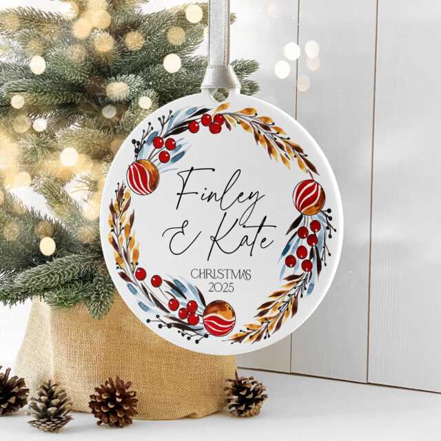 Personalised Couples Wreath Christmas Ornament Bauble, Keepsake Decoration For Girlfriend Or Boyfriend - image 1