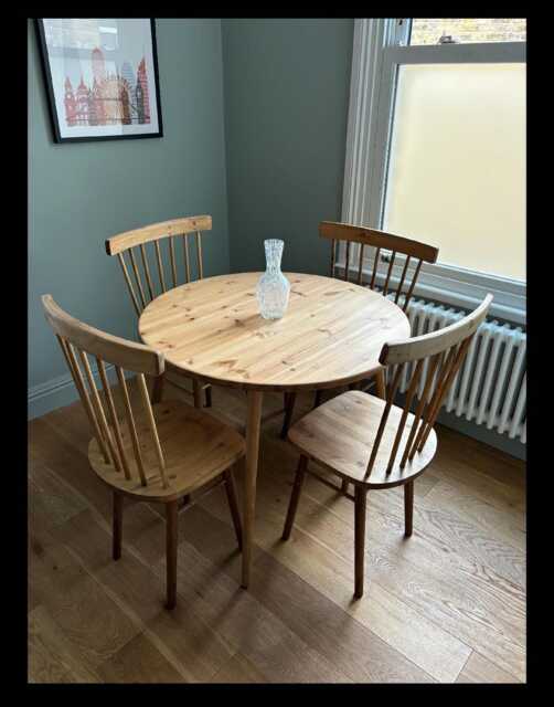 Extending Extendable Round Dining Table & Chairs, Circular, Wooden Legs, Solid Wood, Handmade, 90cm To 150cm. Set Of 4 Matc - image 1