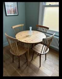 Extending Extendable Round Dining Table & Chairs, Circular, Wooden Legs, Solid Wood, Handmade, 90cm To 150cm. Set Of 4 Matc - thumbnail 1