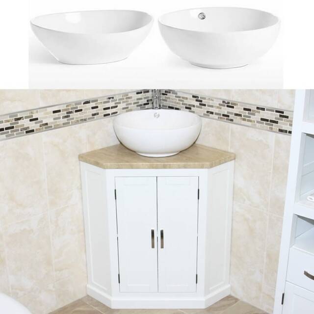 Bathroom Vanity Unit White Corner Wash Stand Travertine Top & Ceramic Basin 501Bpttcbc - image 1