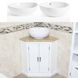 Bathroom Vanity Unit White Corner Wash Stand Travertine Top & Ceramic Basin 501Bpttcbc - thumbnail 1
