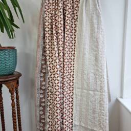 Kantha Stitch Pure Cotton Reversible Bed/Sofa Throw King Size - Handmade Handprinted Floral Dohar White Earthen Autumn Brown Geometric - thumbnail 3