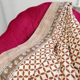 Kantha Stitch Pure Cotton Reversible Bed/Sofa Throw King Size - Handmade Handprinted Floral Dohar White Earthen Autumn Brown Geometric - thumbnail 2