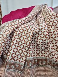 Kantha Stitch Pure Cotton Reversible Bed/Sofa Throw King Size - Handmade Handprinted Floral Dohar White Earthen Autumn Brown Geometric - thumbnail 1
