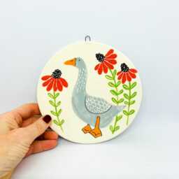 Handmade Ceramic Wall Hanging Ornament Hand-Painted Goose & Floral Design, Home Decor, Handcrafted Pottery - thumbnail 2