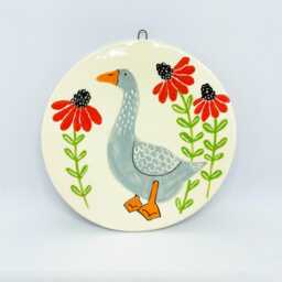 Handmade Ceramic Wall Hanging Ornament Hand-Painted Goose & Floral Design, Home Decor, Handcrafted Pottery - thumbnail 1