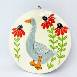 Handmade Ceramic Wall Hanging Ornament Hand-Painted Goose & Floral Design, Home Decor, Handcrafted Pottery - thumbnail 3