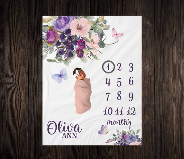 Butterfly Floral Milestone Blanket, Baby Shower Gift, Keepsake Girl Wreath Blanket - image 1