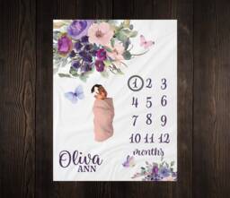 Butterfly Floral Milestone Blanket, Baby Shower Gift, Keepsake Girl Wreath Blanket - thumbnail 1