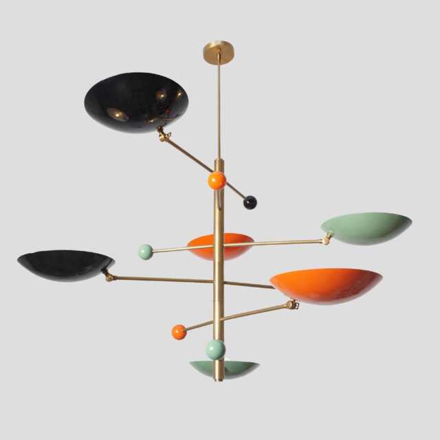 Mid Century Modern Sputnik Chandelier Six Colored Enamel Shades, Brass Finish Chandelier - image 1
