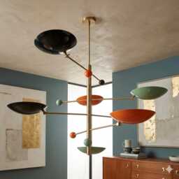 Mid Century Modern Sputnik Chandelier Six Colored Enamel Shades, Brass Finish Chandelier - thumbnail 3
