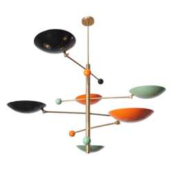 Mid Century Modern Sputnik Chandelier Six Colored Enamel Shades, Brass Finish Chandelier - thumbnail 2