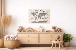 Kids World Map Tapestry - Animal For Nursery Playroom Wall Decor Educational Hanging
