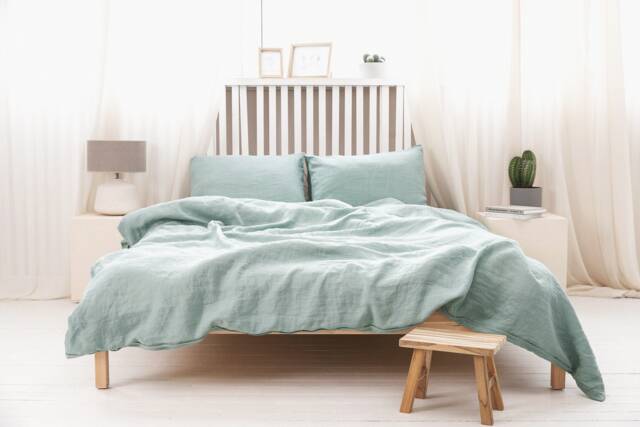 Aqua Blue Natural Linen Bedding Set Stonewashed Duvet Cover & Pillowcases Bed Set, Comforter King Valentines Day Gift - image 1