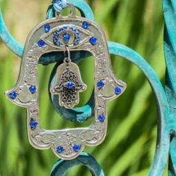 Hamsa Art, Wall Decor, Luck Hamsa, Blue Handmade Jewish Art, Hanging, Metal Evil Eye Wall - thumbnail 2