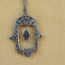 Hamsa Art, Wall Decor, Luck Hamsa, Blue Handmade Jewish Art, Hanging, Metal Evil Eye Wall - thumbnail 3